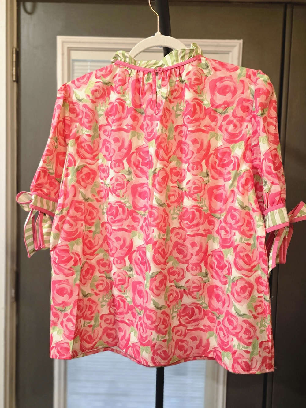 Floral Pink Rose Print Tie-Sleeve Women's Top - Picture 2 of 2